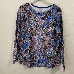 Chico's Womens Shirt Top Size Large Paisley Blue Pink Pullover